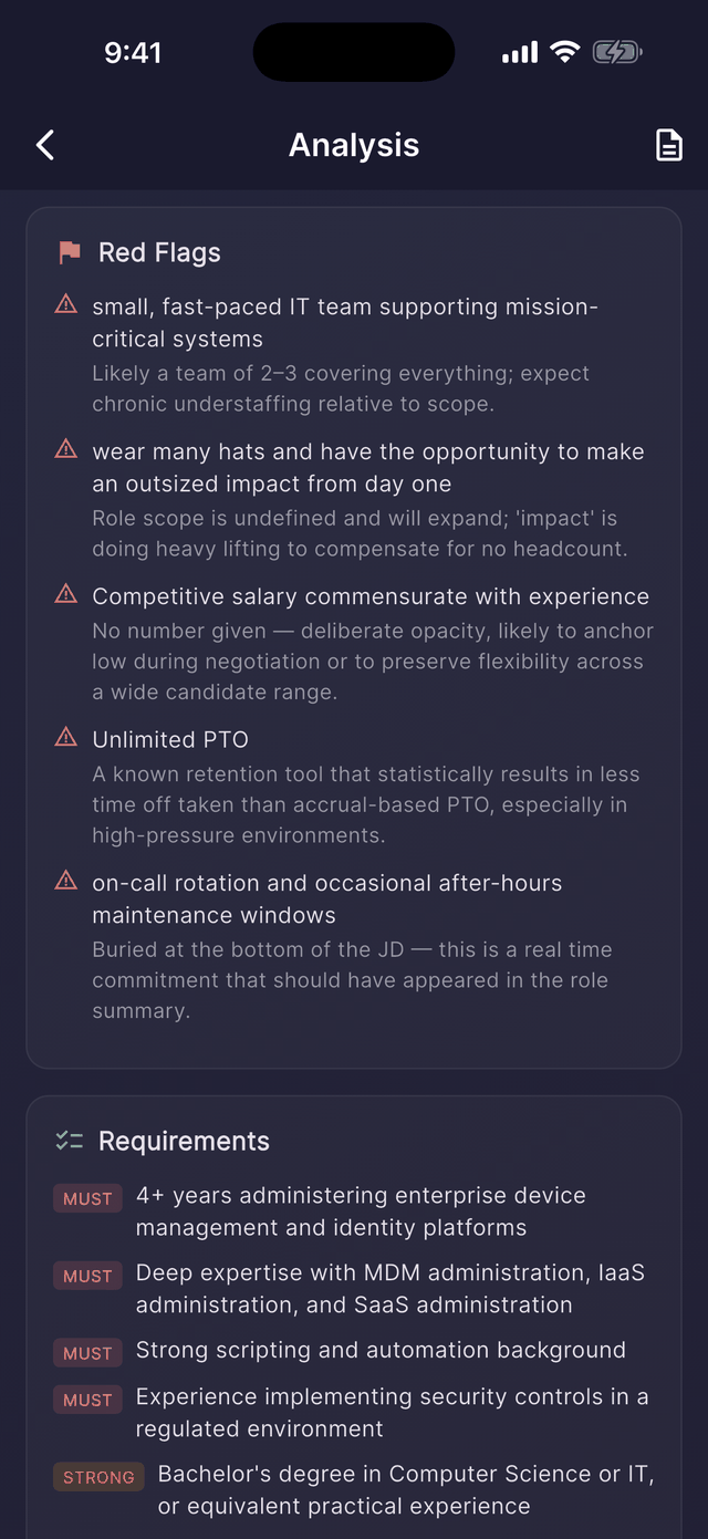 Dossier's Analysis screen: a Red Flags list translating phrases like “small, fast-paced IT team” and “competitive salary commensurate with experience” into what they usually mean, followed by requirements tagged MUST or STRONG.
