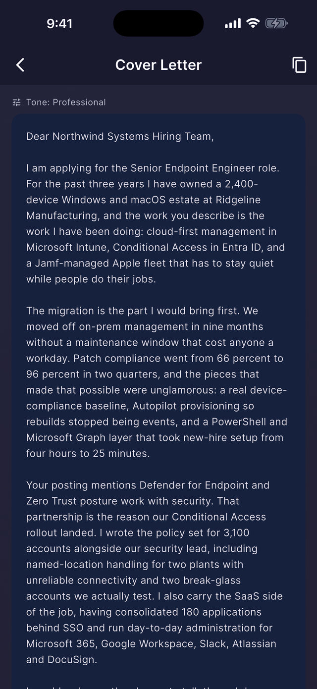 Dossier’s Cover Letter screen: a tone selector set to Professional and a full generated letter that names the specific role and maps the candidate’s real experience to the posting.
