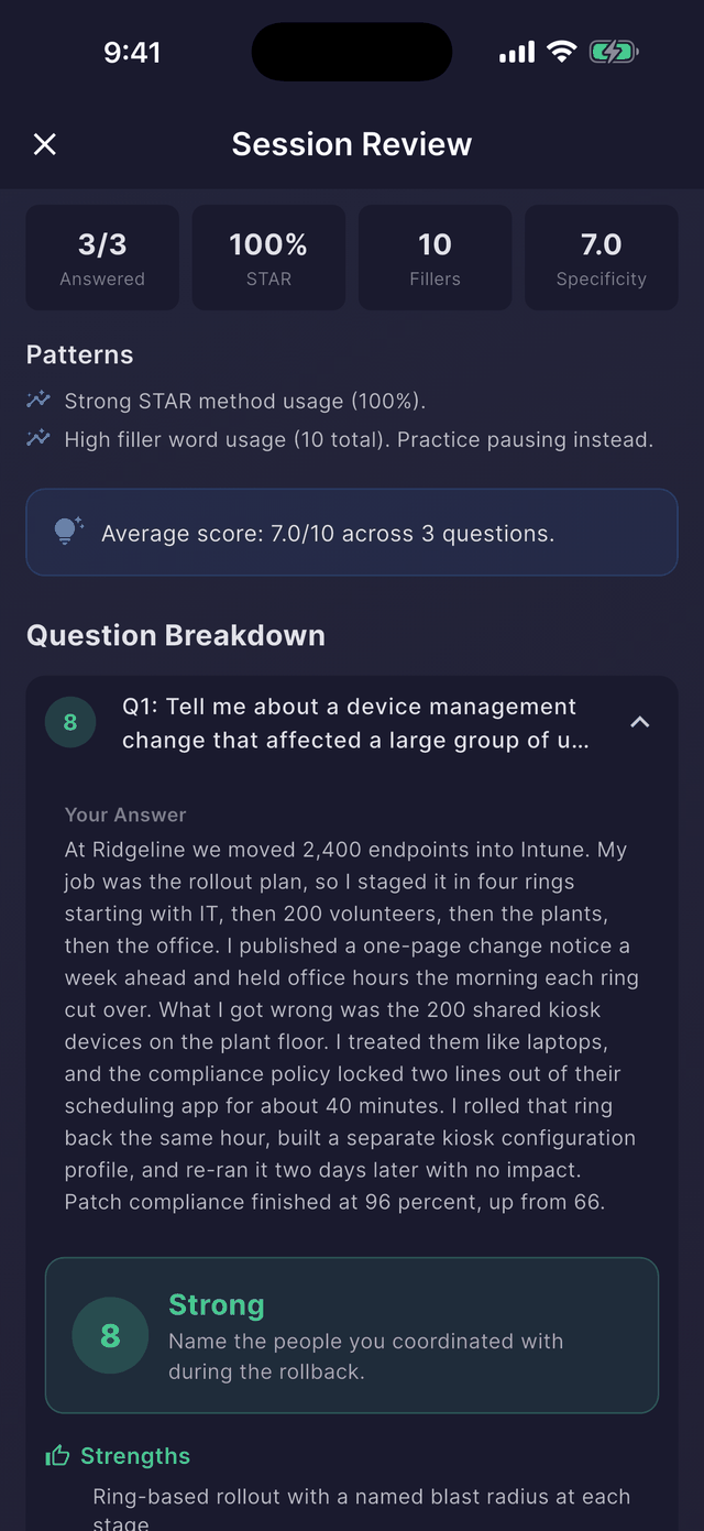 Dossier's session review after a practice interview: 3 of 3 answered, 100% STAR usage, 10 filler words, 7.0 specificity, a question breakdown with the spoken answer transcribed, and a Strong rating with a coaching note.