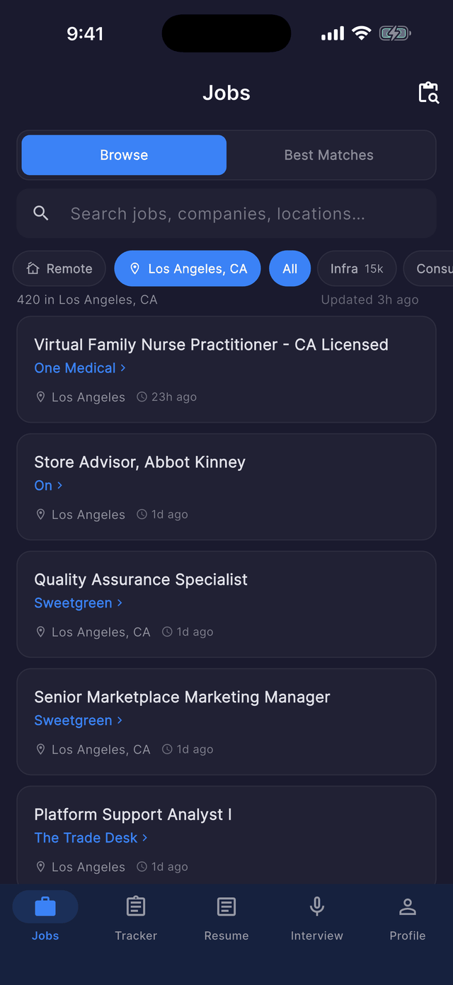 Dossier's Jobs tab: Browse and Best Matches, a search field, location and category filters, and a list of live openings with company, location and how long ago each was posted.