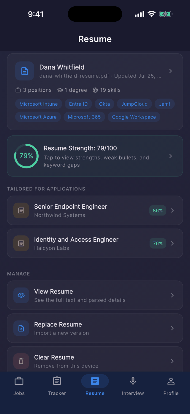 Dossier’s Resume tab: the imported resume with its parsed skills, a Resume Strength score of 79 out of 100, and per-application tailored versions each showing their own match percentage.