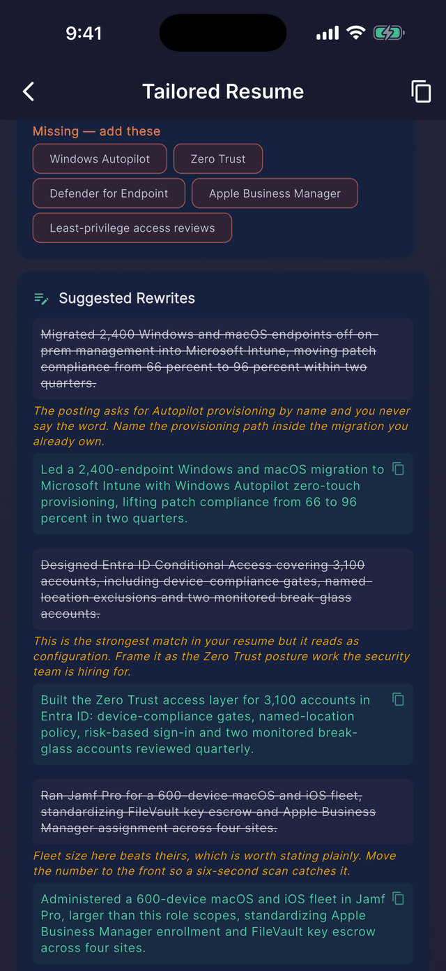 Dossier's Tailored Resume screen: missing keywords to add, then suggested rewrites showing each original bullet struck through, the reason it is weak for this listing, and the stronger replacement.